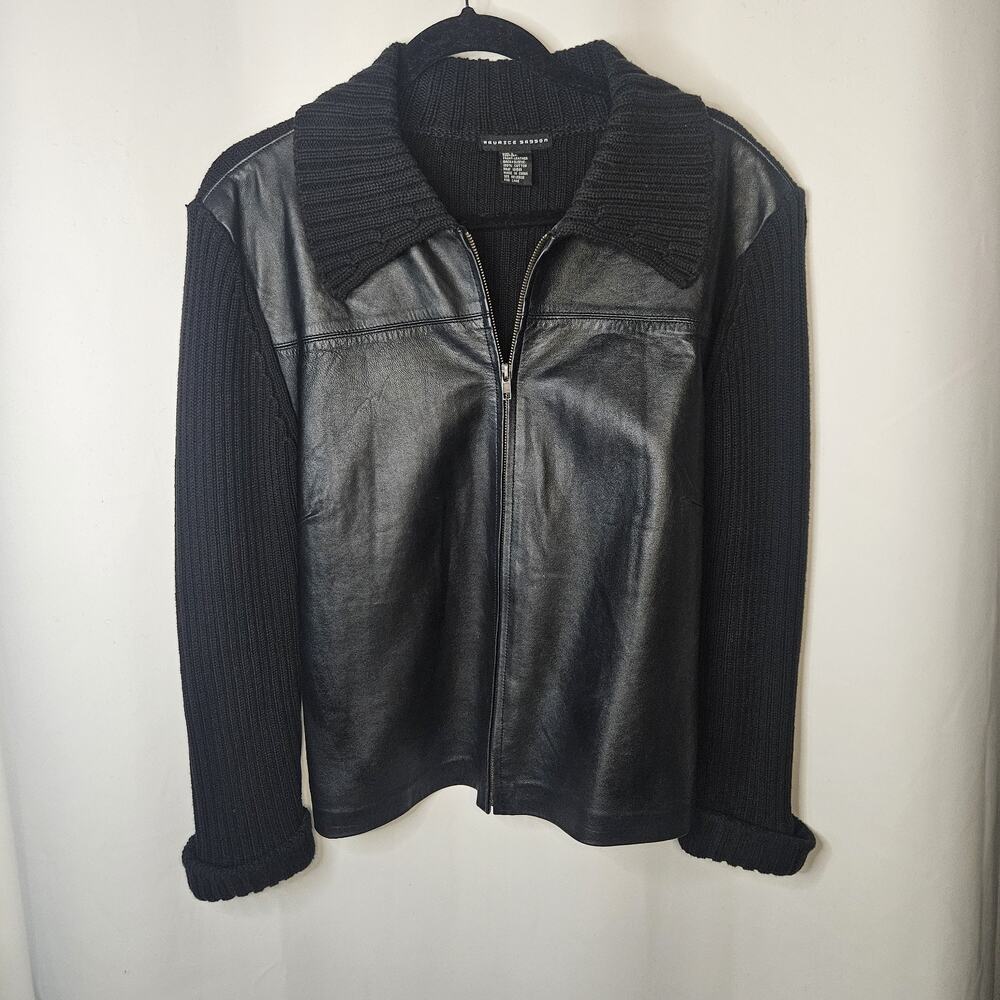 Leather Sweather Jacket By Maurice Sasson Large Vtg Black Sweater Coat